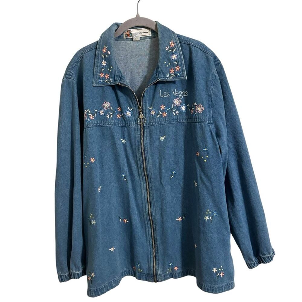 Vintage‎ 90s Las Vegas Denim Floral Embroidered Zip Up Jacket Large